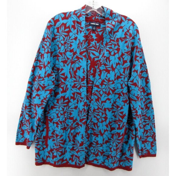 Lands End Sweater Large Open Tunic Cardigan Pockets Floral Colorful - Picture 1 of 11